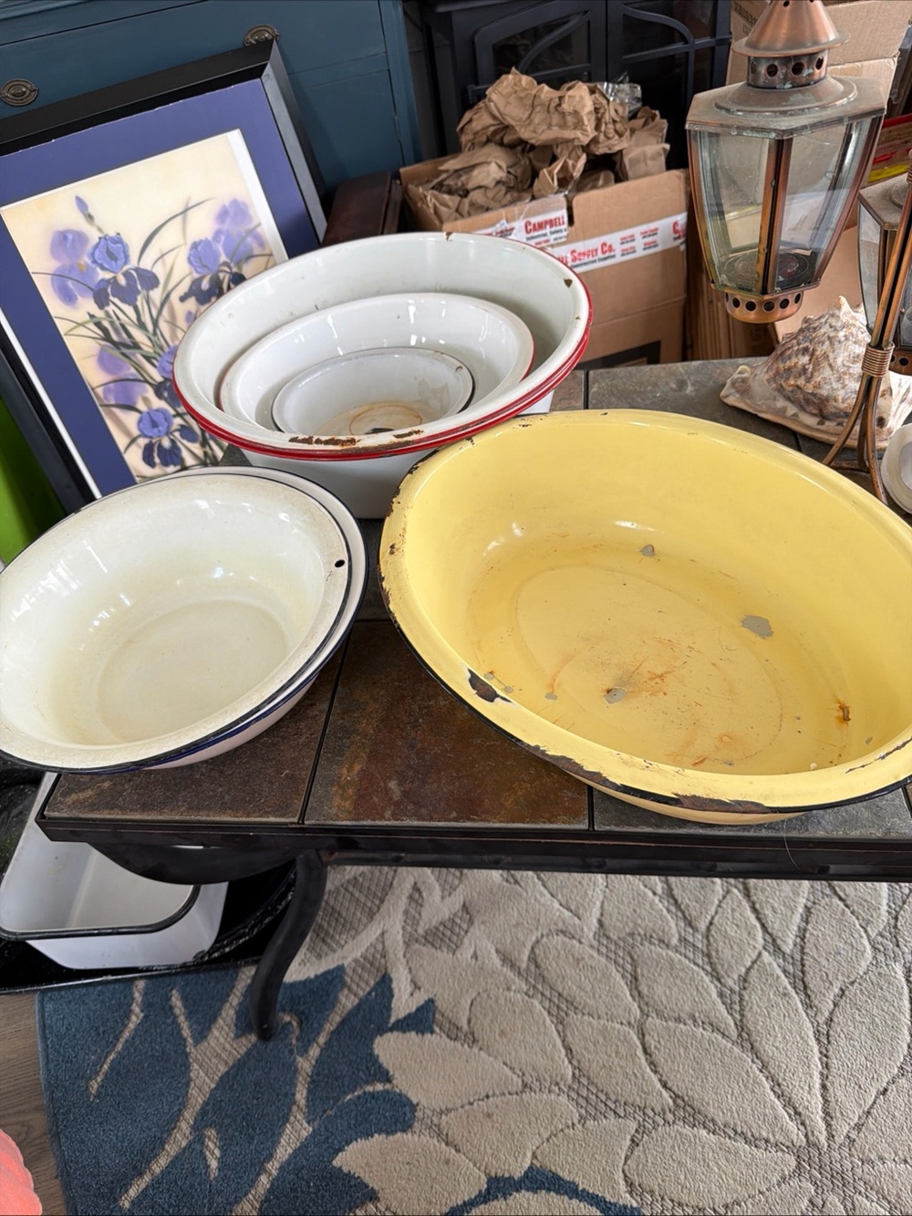 7 vintage enamelware basins